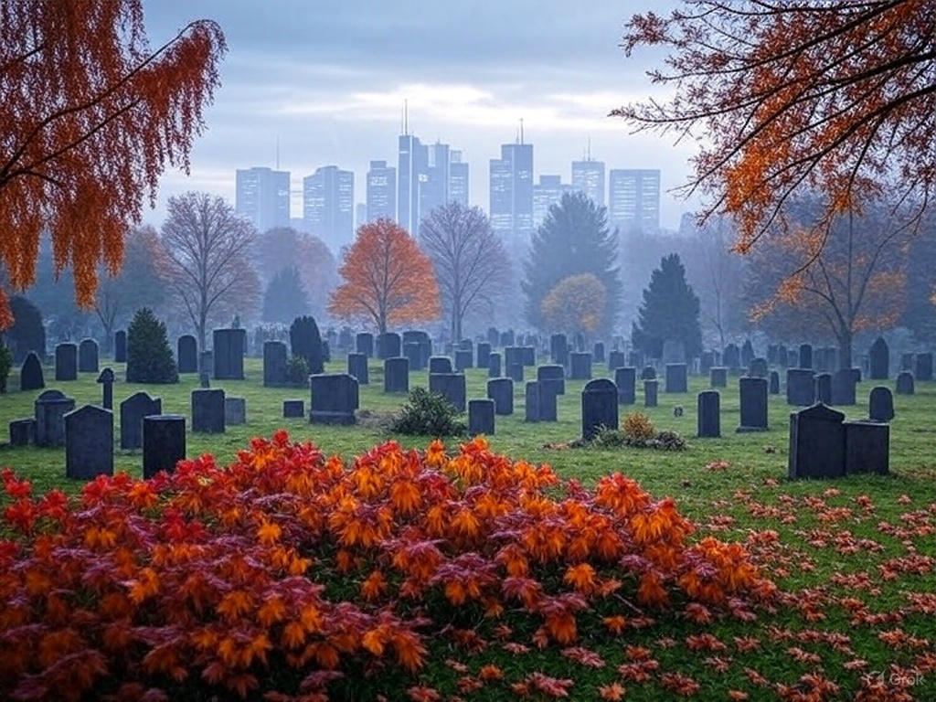 Zeichnung eines fiktiven Friedhofs im Herbst vor der Frankfurter Skyline