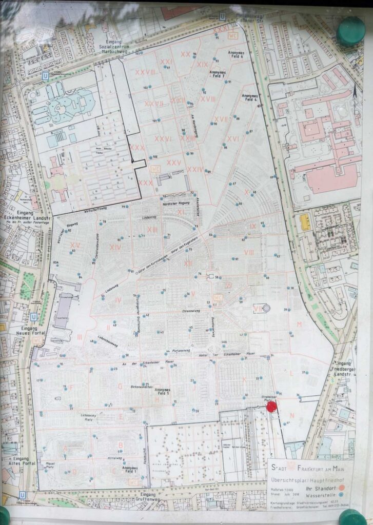 Detaillierter Plan mit allen Sektionen des Hauptfriedhofs Frankfurt am Main.