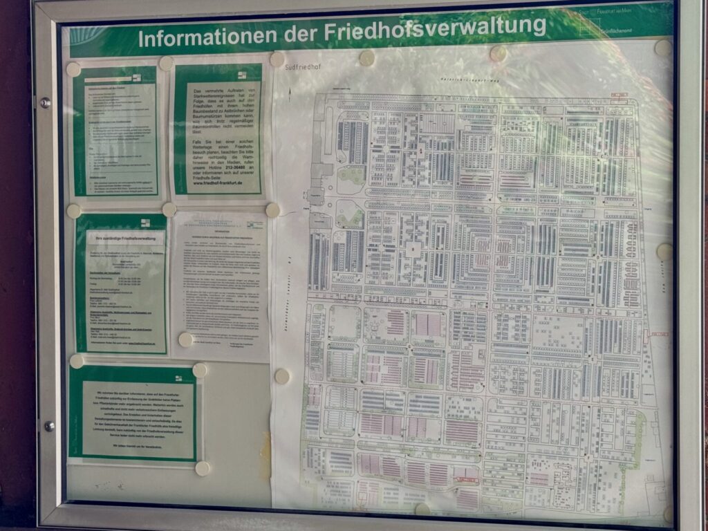 detaillierter Plan des Südfriedhofs in Frankfurt am Main mit Informationen der Friedhofsverwaltung