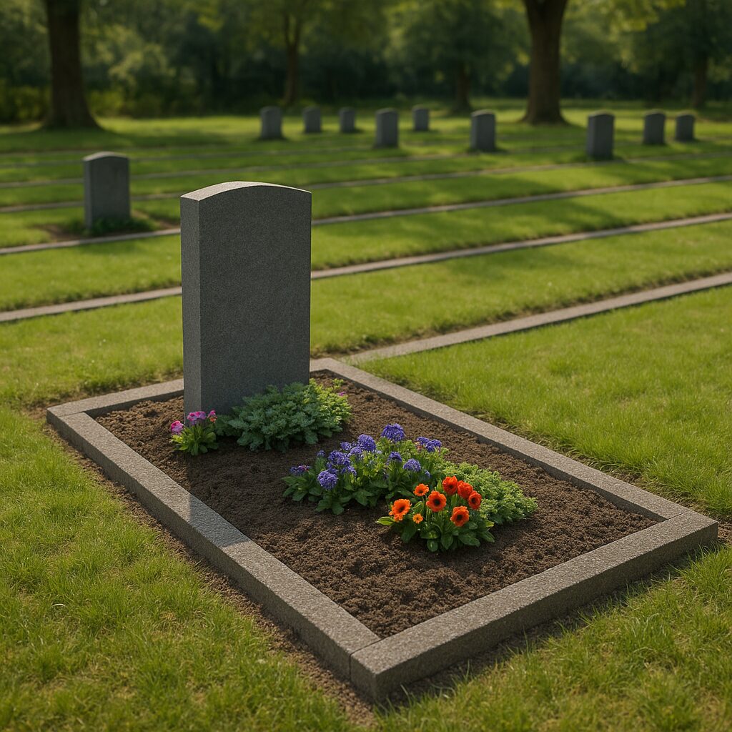 Ein Grabstein steht auf einem gepflegten Friedhof, umgeben von grünem Gras. Diese Erdreihengrabstätte ist mit bunten Blumen geschmückt und von einem gepflegten Steinrahmen eingefasst, während im Hintergrund weitere Grabsteine zu sehen sind.