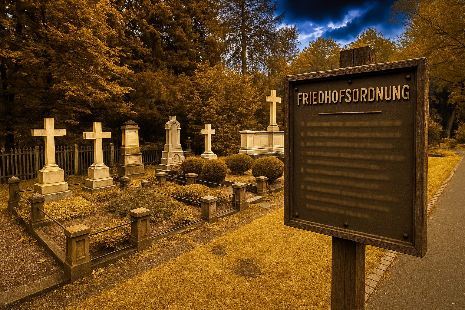 Stilistisches Schild einer Friedhofsordnung auf einem Friedhof